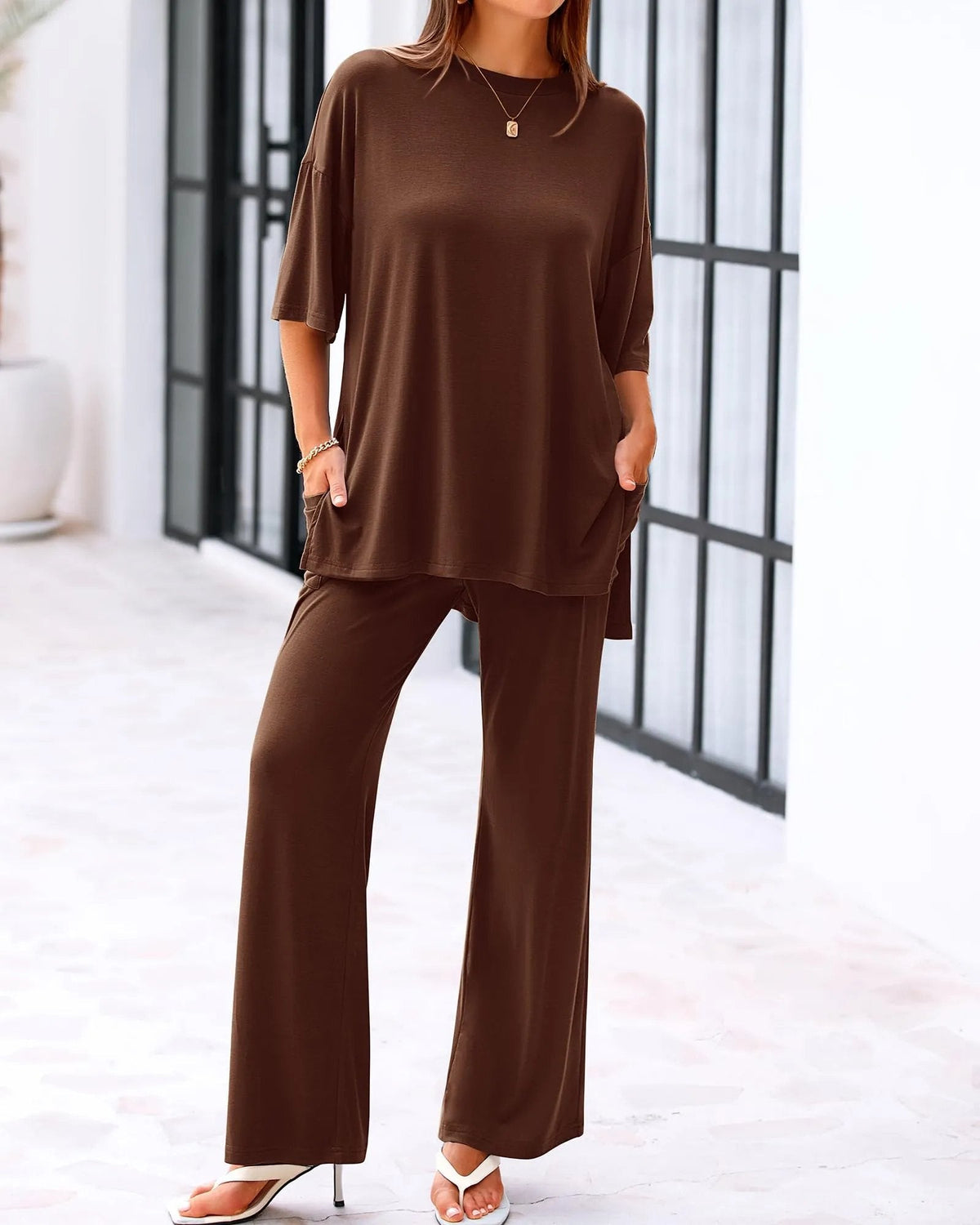 Loose-Fit 2-Piece Set – Short Sleeve Top & Wide-Leg Pants with Pockets