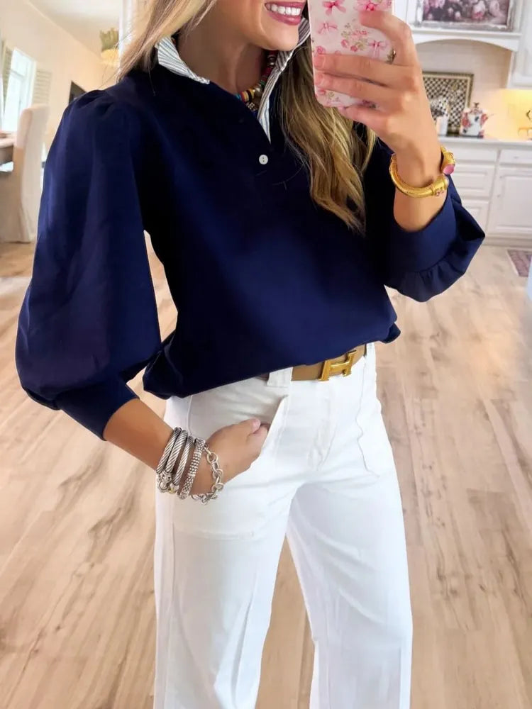 Leaf-Edge Chiffon Patchwork Top – Ruffle Neck, 3/4 Sleeve, Relaxed Fit