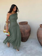 Women's One Shoulder Mesh Maxi Dress