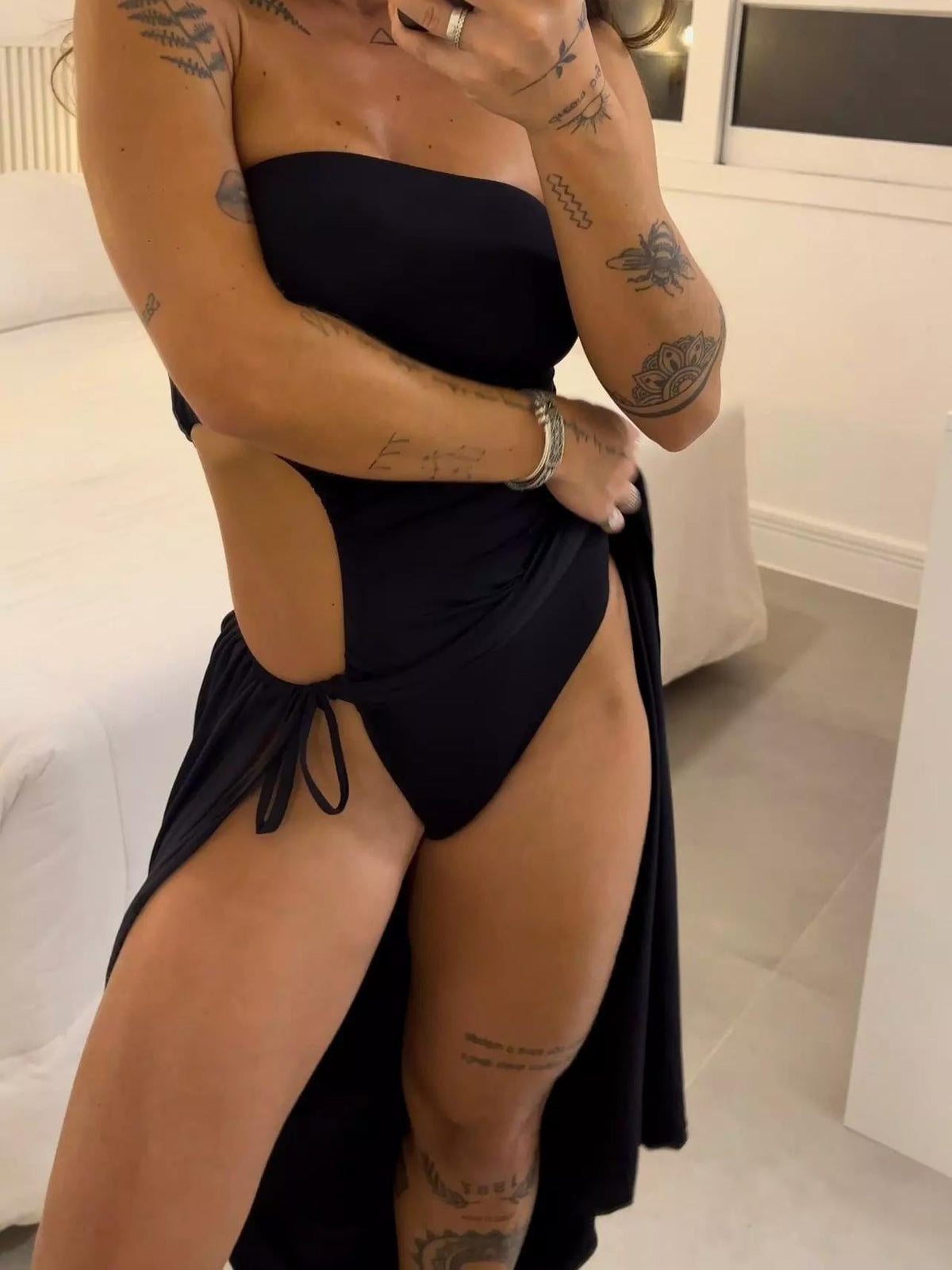 Women's Bandeau Side Slit Bodysuit Dress – Open Back Flared Mini Dress
