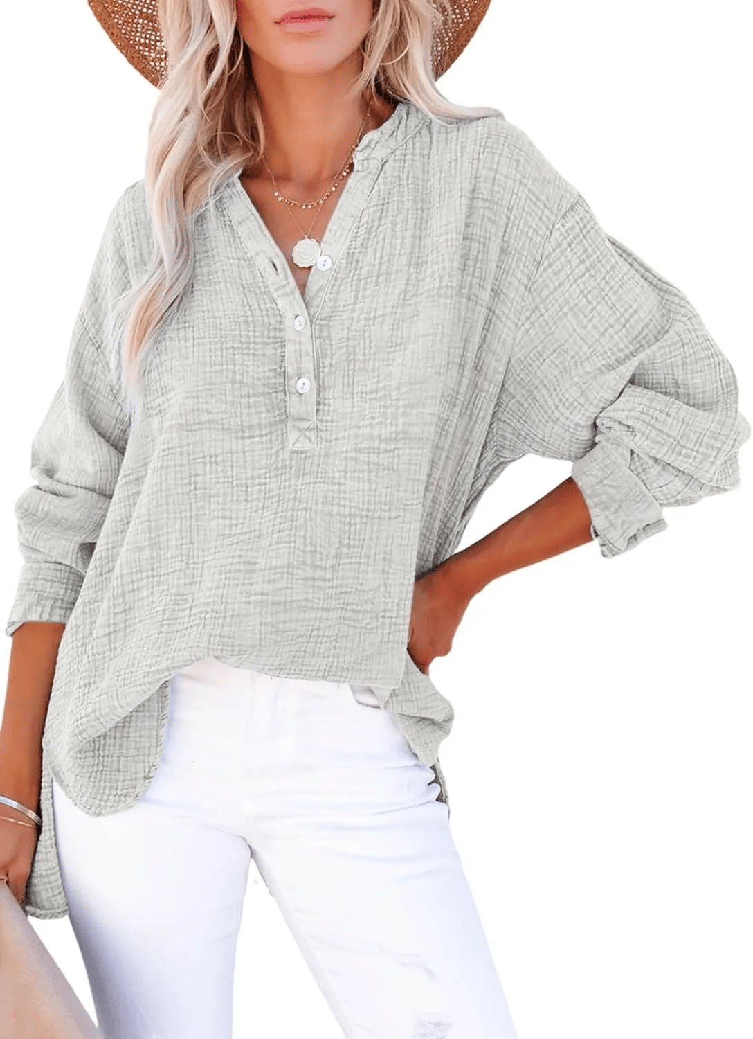 Bubble Sleeve Boyfriend Shirt – Long Sleeve Button-Up