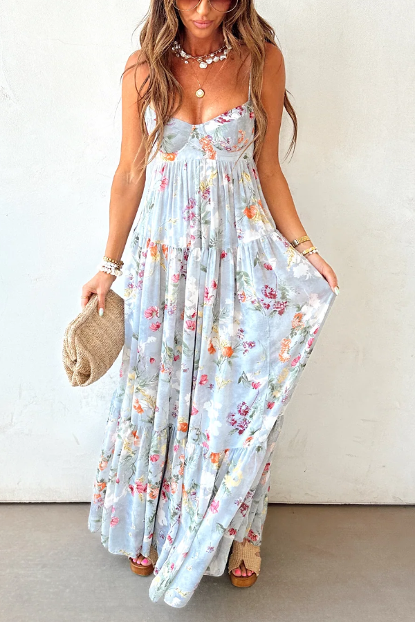 Women's Vintage Style Maxi Dress – V-Neck Sleeveless & Flowing Floor-Length