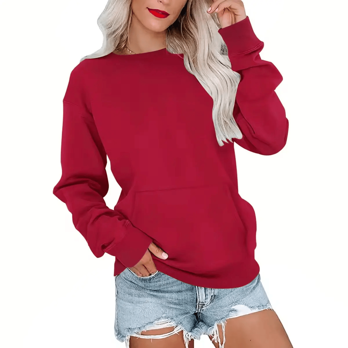 Hoodless Crewneck Sweatshirt – Kangaroo Pocket, Relaxed Fit, Lightweight Fleece