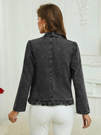 Ruffle Trim Open-Front Denim Jacket – Lightweight Washed Denim