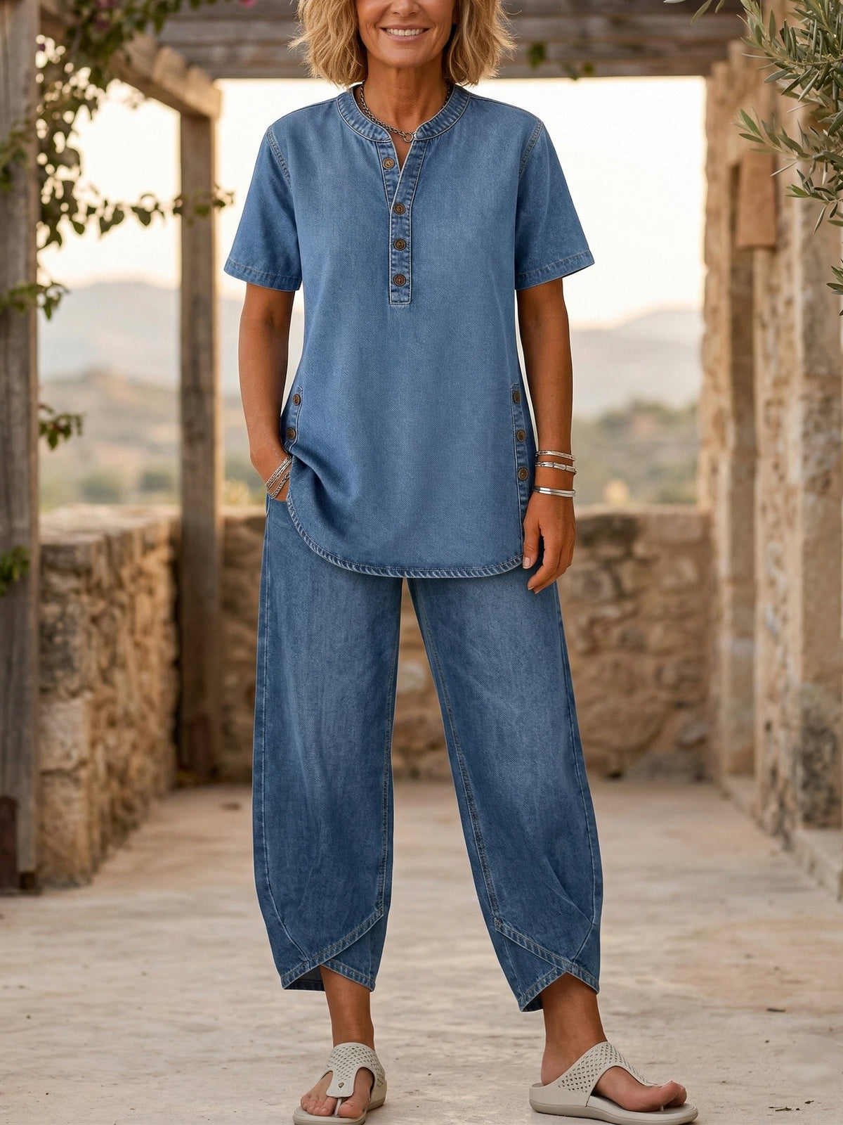 💝💝Women‘s Short-sleeve denim Two-piece set
