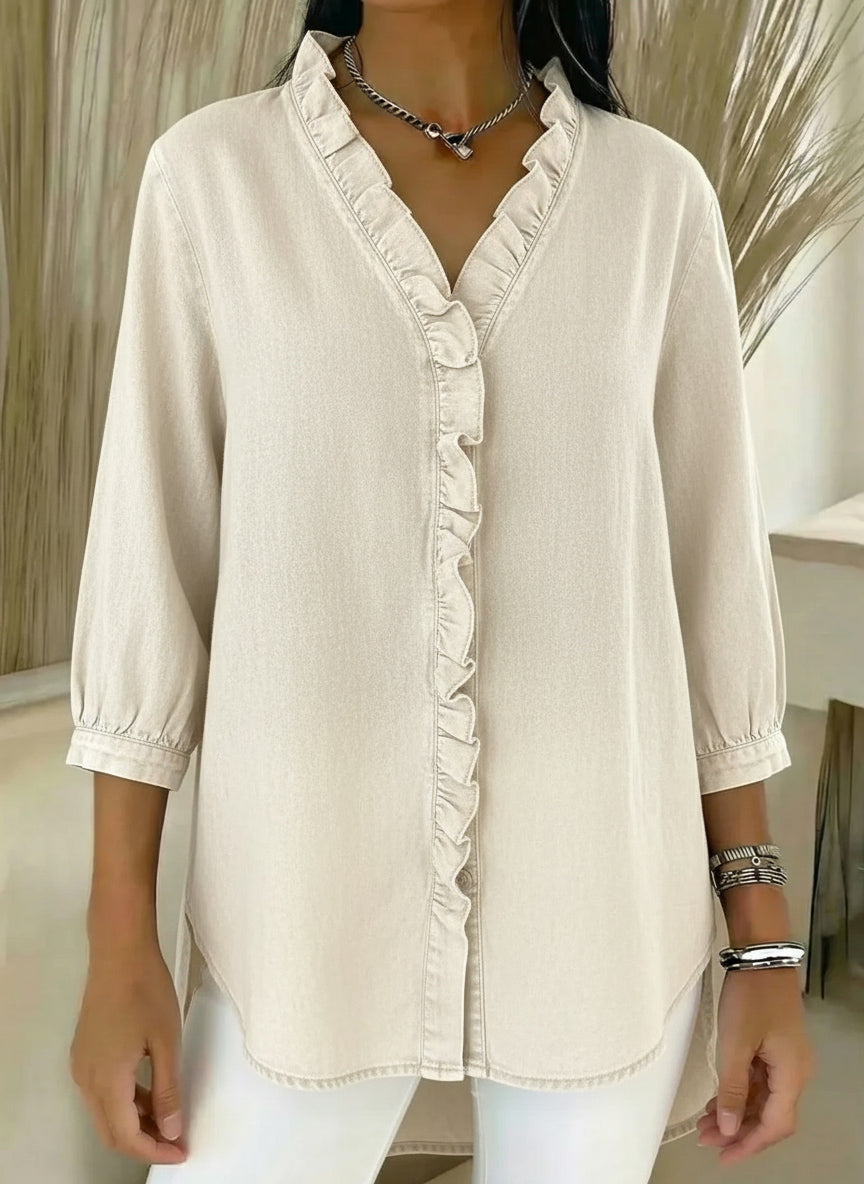 Women's Casual Denim Blouse – V-Neck Ruffled Collar & 3/4 Sleeves