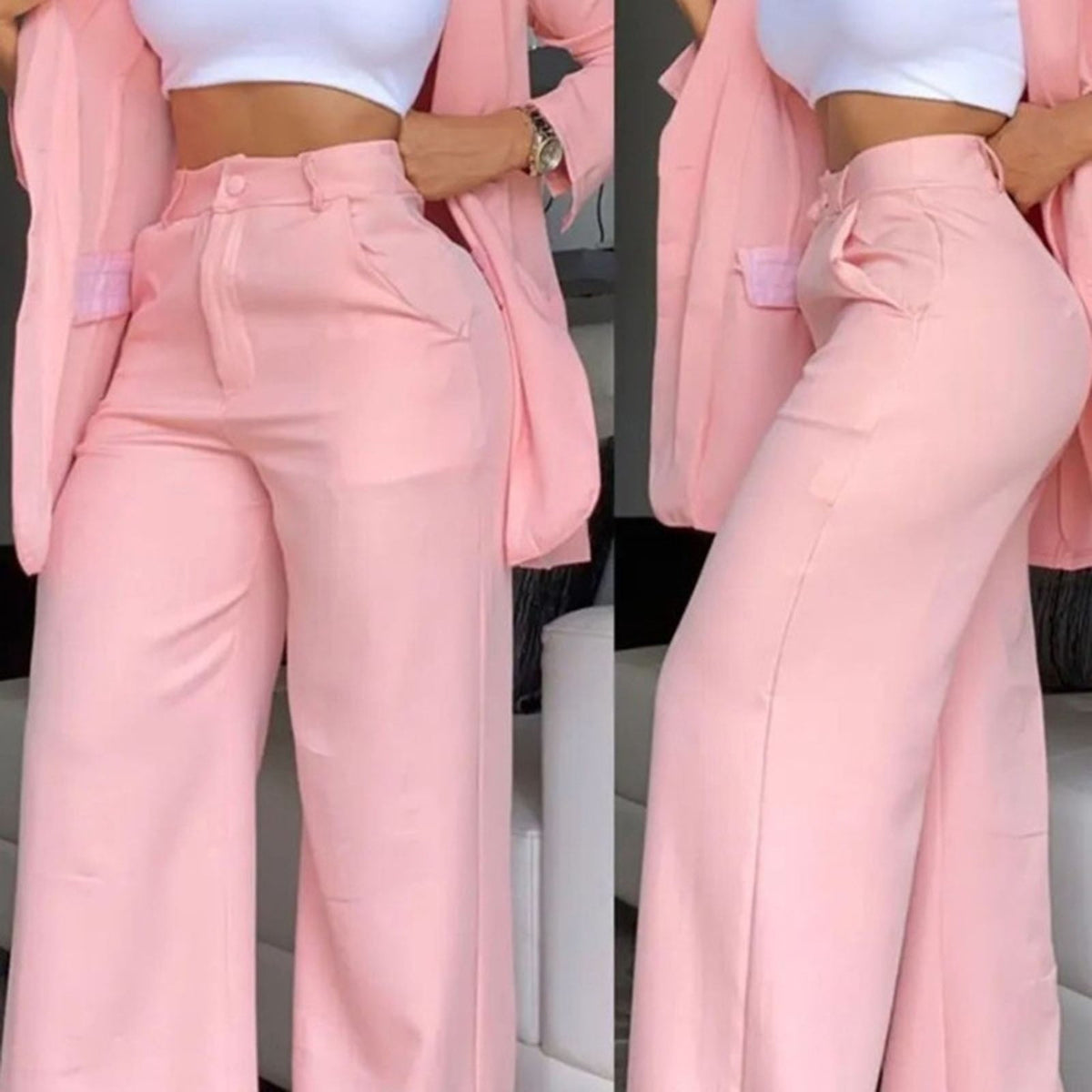 Ruffle Sleeve Blazer & Wide-Leg Pants Set – 2-Piece Business Suit