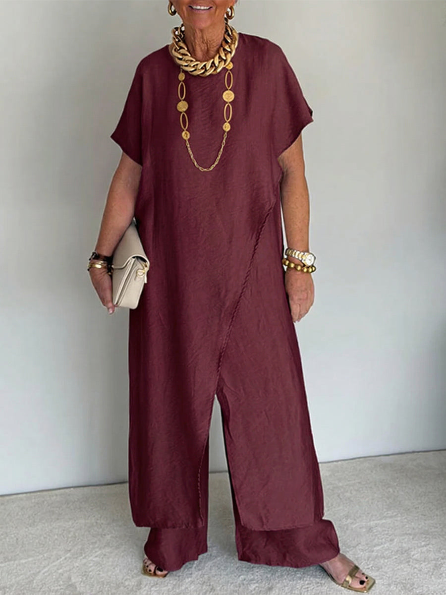 Two Piece Knit Lounge Set with Asymmetrical Hem – Cozy Casual Matching Set for Women
