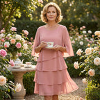 Ruffle Sleeve Swing Dress – Layered Detail, Crew Neck, Flowy Fit