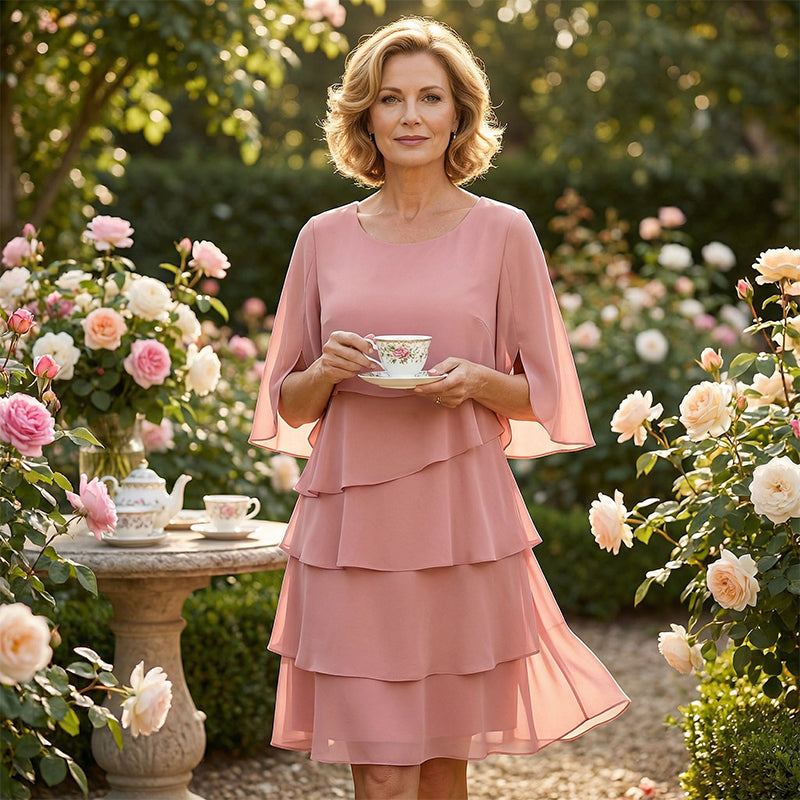 Ruffle Sleeve Swing Dress – Layered Detail, Crew Neck, Flowy Fit