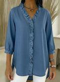 Women's Casual Denim Blouse – V-Neck Ruffled Collar & 3/4 Sleeves