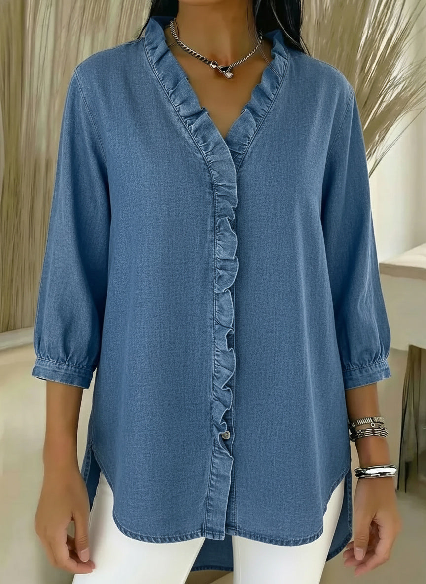 Women's Casual Denim Blouse – V-Neck Ruffled Collar & 3/4 Sleeves