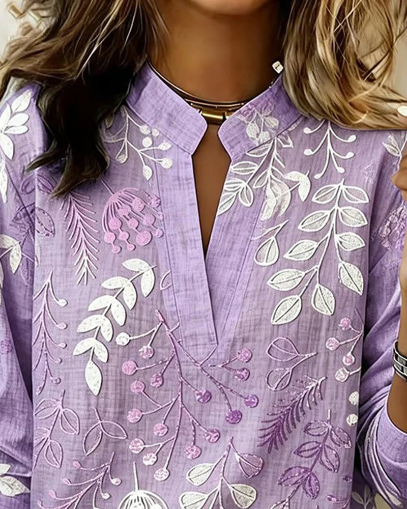 Embroidered Mandarin Collar Blouse – Artisanal Floral Long Sleeve Top