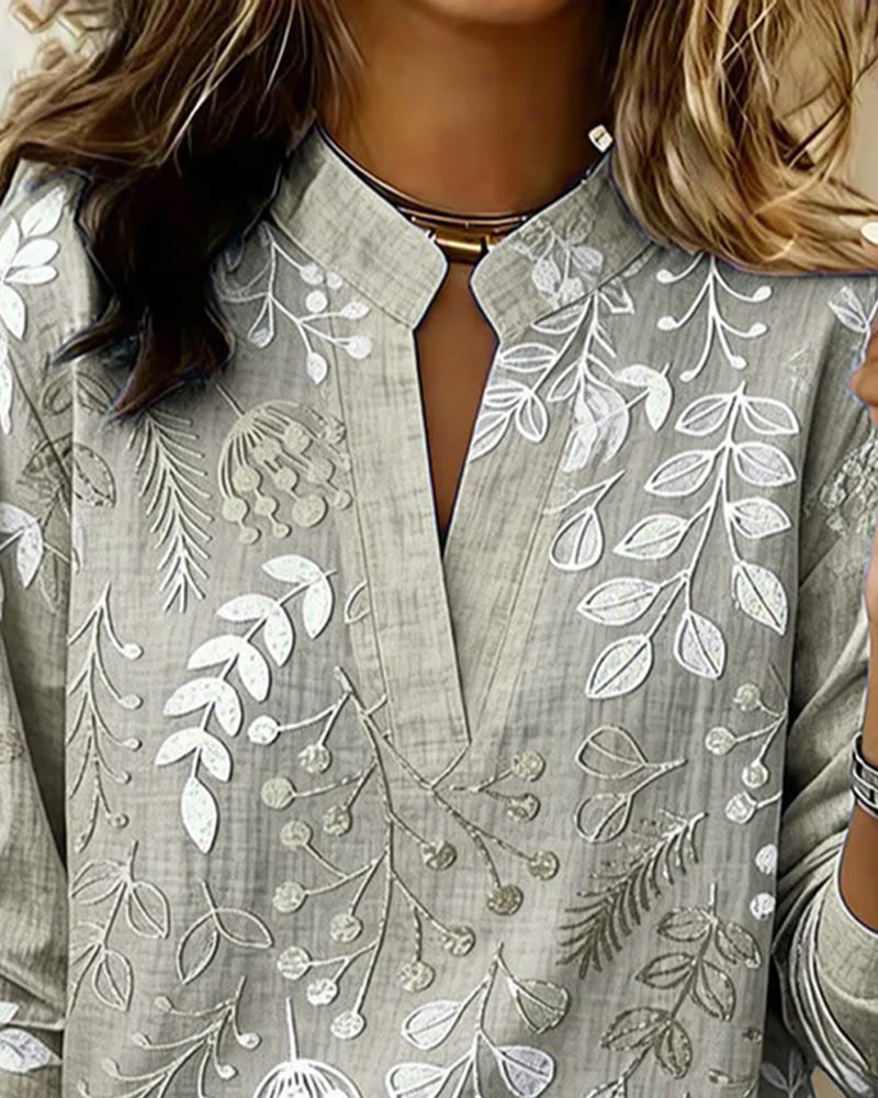 Embroidered Mandarin Collar Blouse – Artisanal Floral Long Sleeve Top