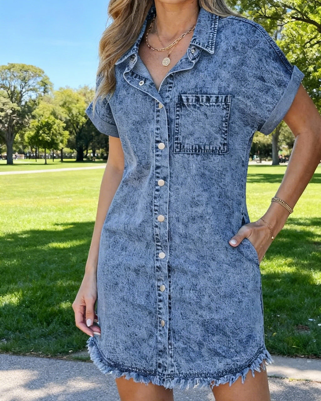 Frayed Hem Denim Shirt Dress – Button Front, Side Pockets, Relaxed Fit