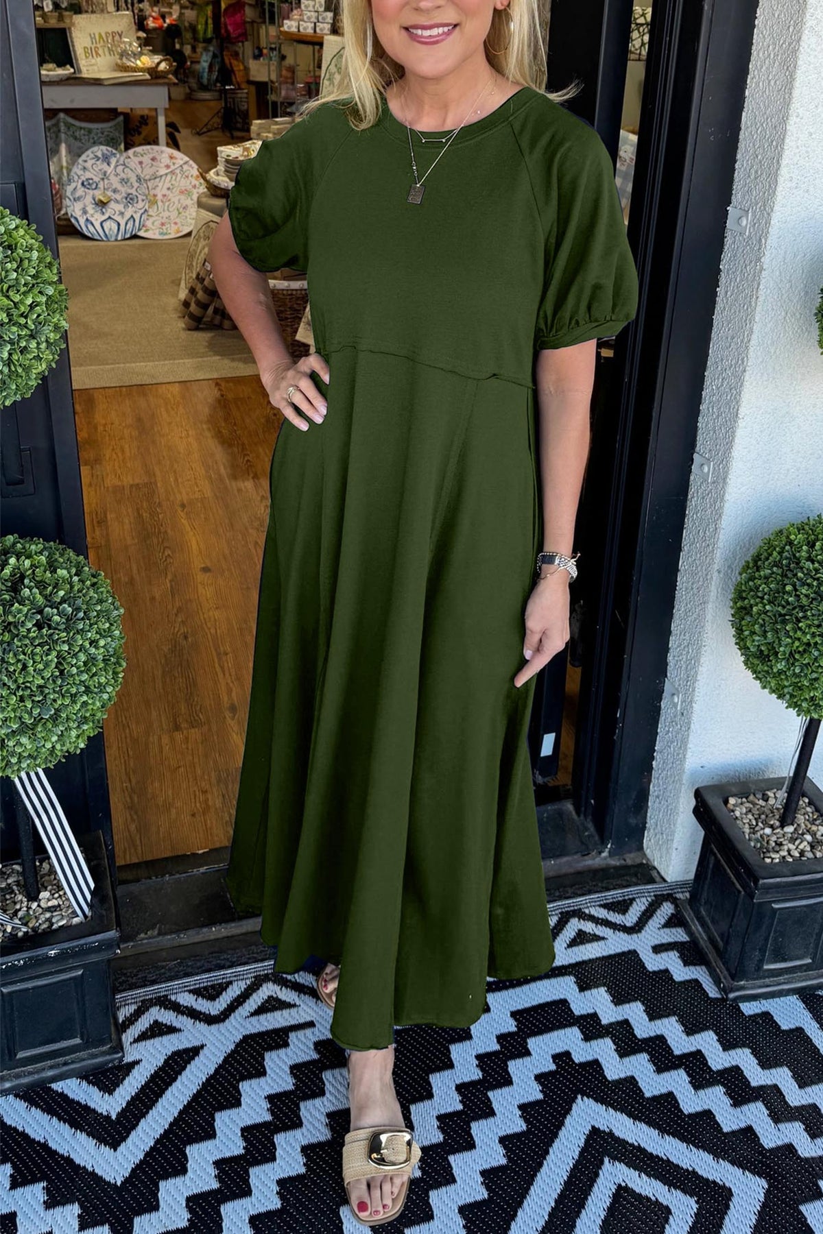 Puff Sleeve Round Neck Maxi Dress – Solid Color, Loose Fit, Wrinkle-Resistant