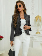 Ruffle Trim Open-Front Denim Jacket – Lightweight Washed Denim