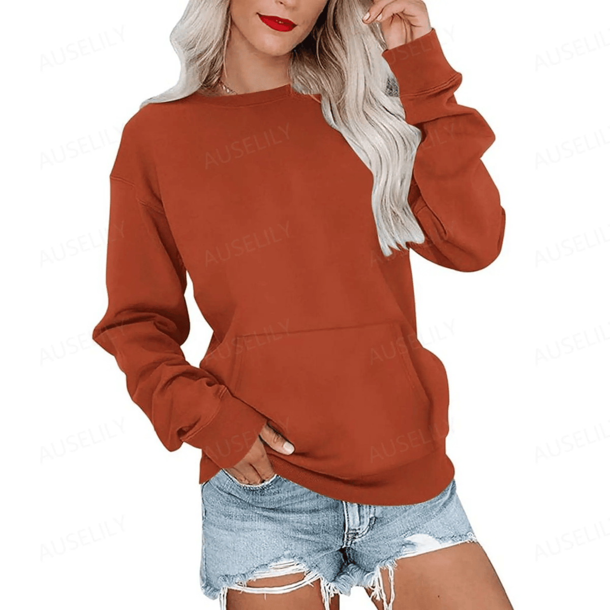 Hoodless Crewneck Sweatshirt – Kangaroo Pocket, Relaxed Fit, Lightweight Fleece
