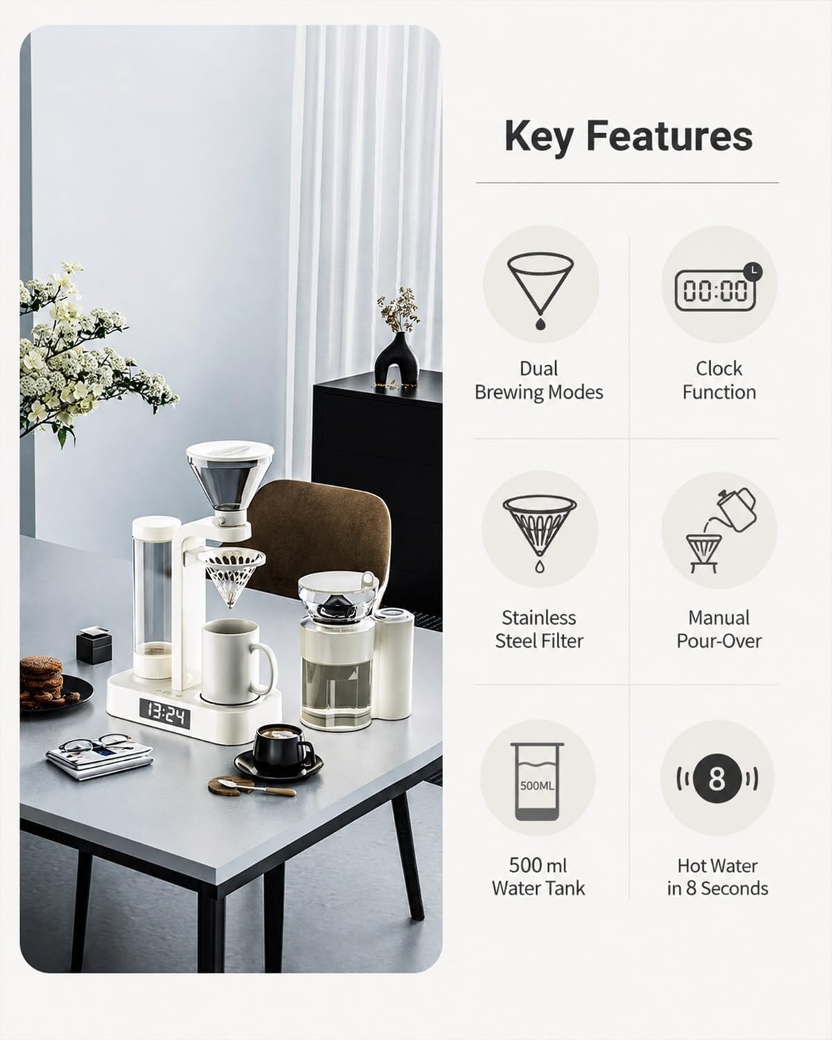 💥Factory Direct Sale💥Coffee Alarm Clock Maker Bedside Dual Mode Extractor 500ml Glass Water Tank