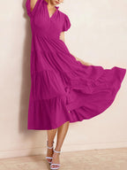 Puff Short Sleeve V Neck Flowy Tiered Beach A-Line Dresses