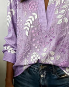 Embroidered Mandarin Collar Blouse – Artisanal Floral Long Sleeve Top