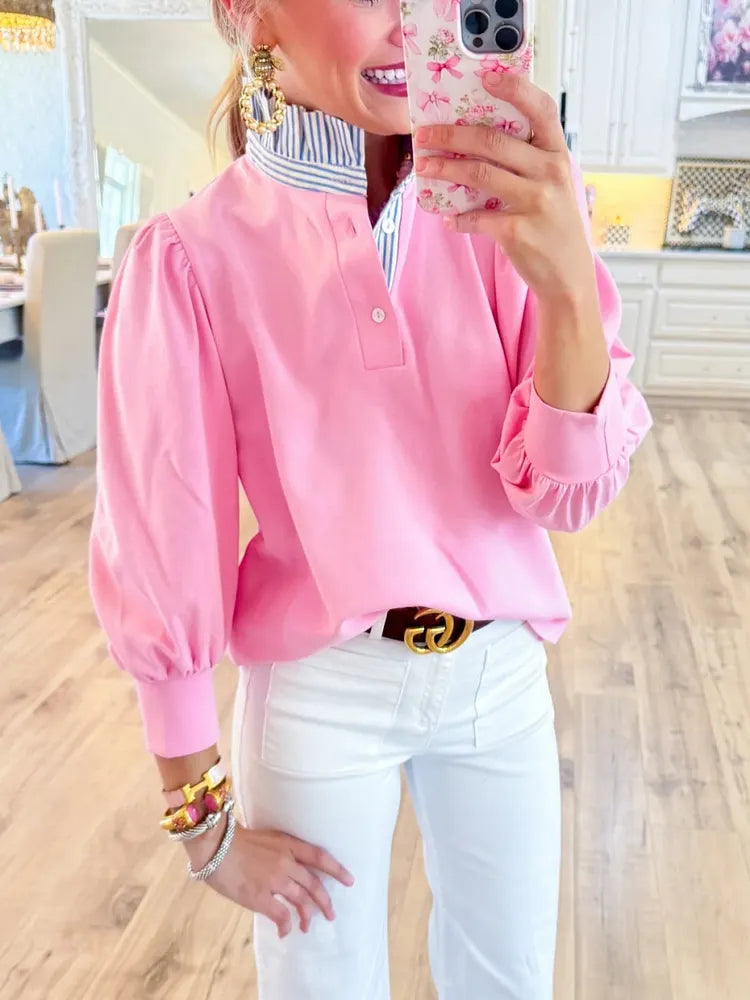 Leaf-Edge Chiffon Patchwork Top – Ruffle Neck, 3/4 Sleeve, Relaxed Fit