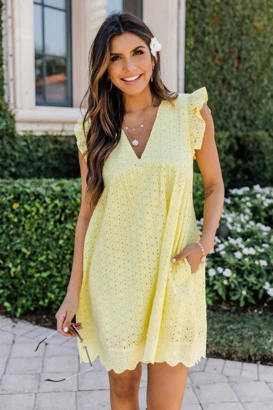 Women's Summer V-Neck Lace Dress – Short Sleeve Hollow Eyelet Dress