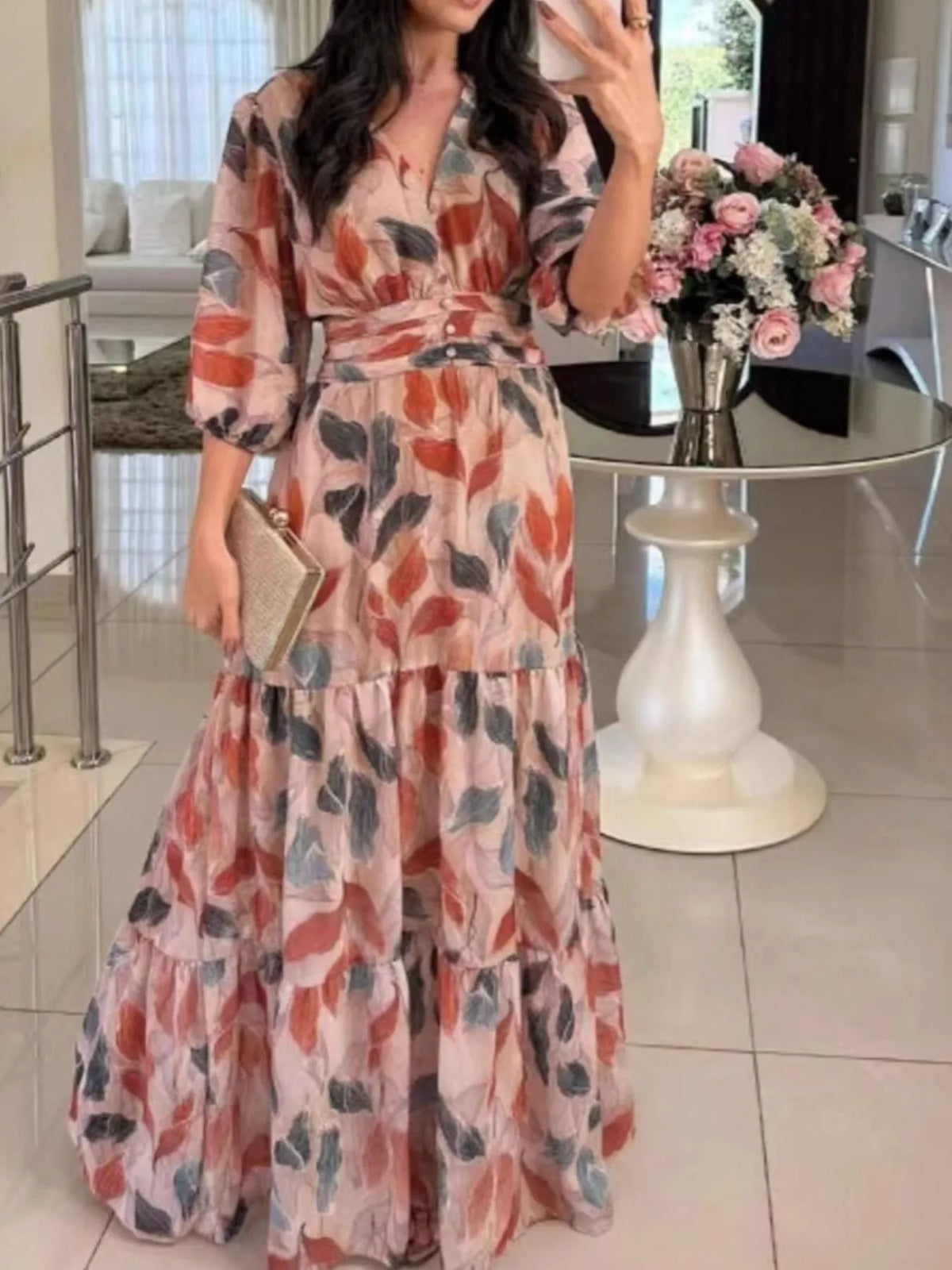 Floral V-Neck Maxi Dress with Tiered Ruffle Hem – Plus Size
