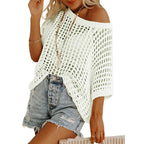 Crochet Hollow-Out Knit Top – 3/4 Sleeve, Lightweight Summer Pullover