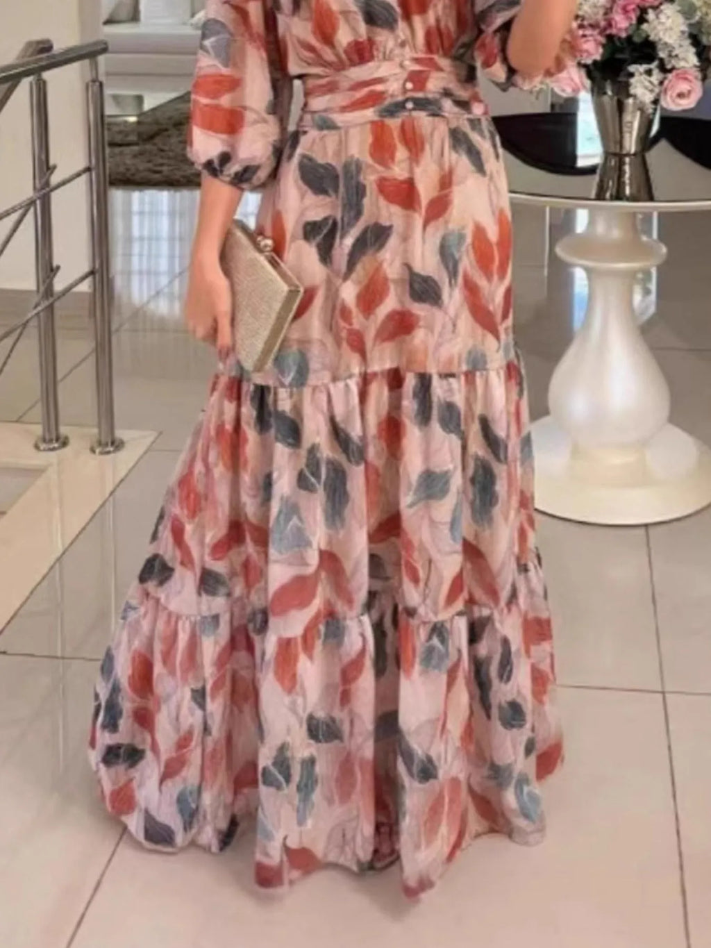 Floral V-Neck Maxi Dress with Tiered Ruffle Hem – Plus Size