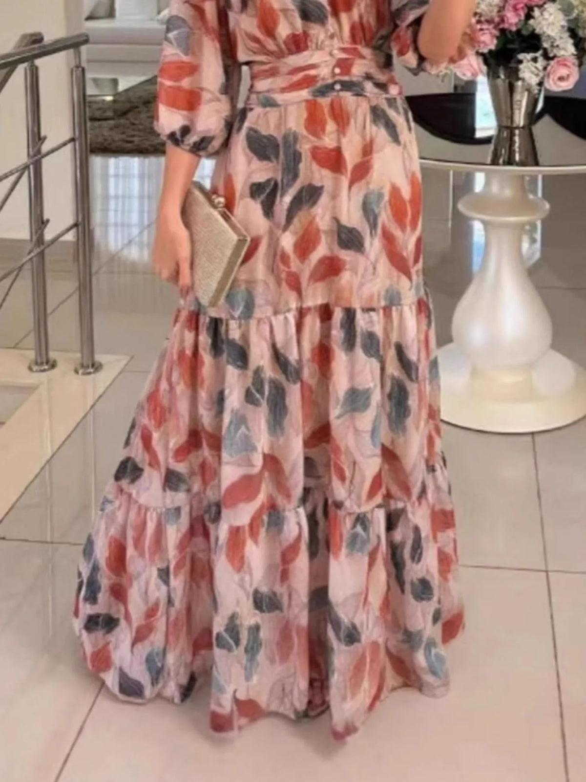 Floral V-Neck Maxi Dress with Tiered Ruffle Hem – Plus Size