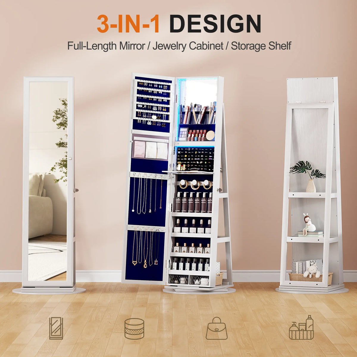 🪞360° Rotating LED Lockable Jewelry Cabinet, Modern Wood Mirror Organizer