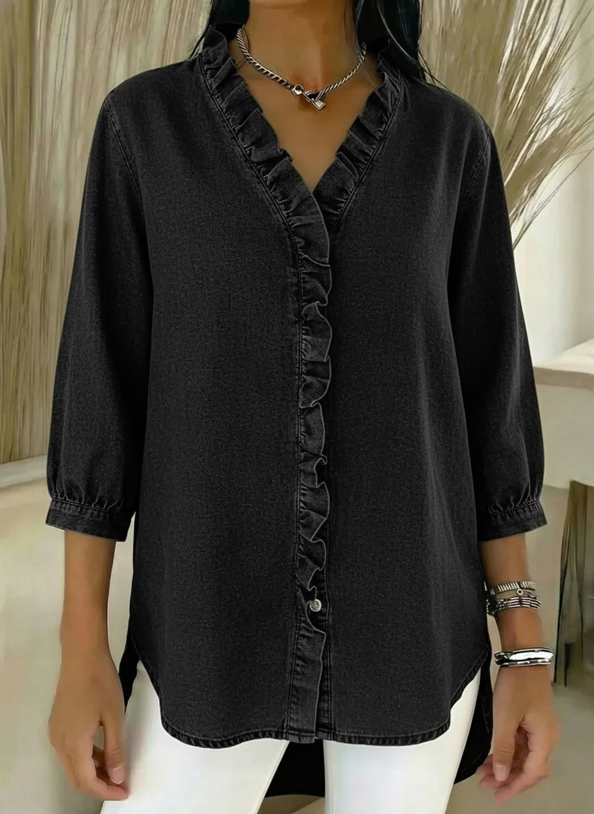 Women's Casual Denim Blouse – V-Neck Ruffled Collar & 3/4 Sleeves
