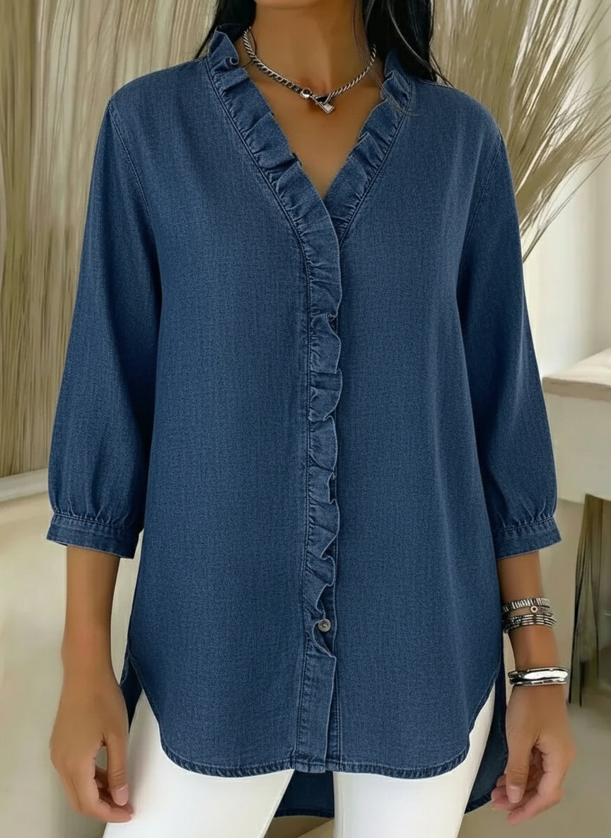 Women's Casual Denim Blouse – V-Neck Ruffled Collar & 3/4 Sleeves