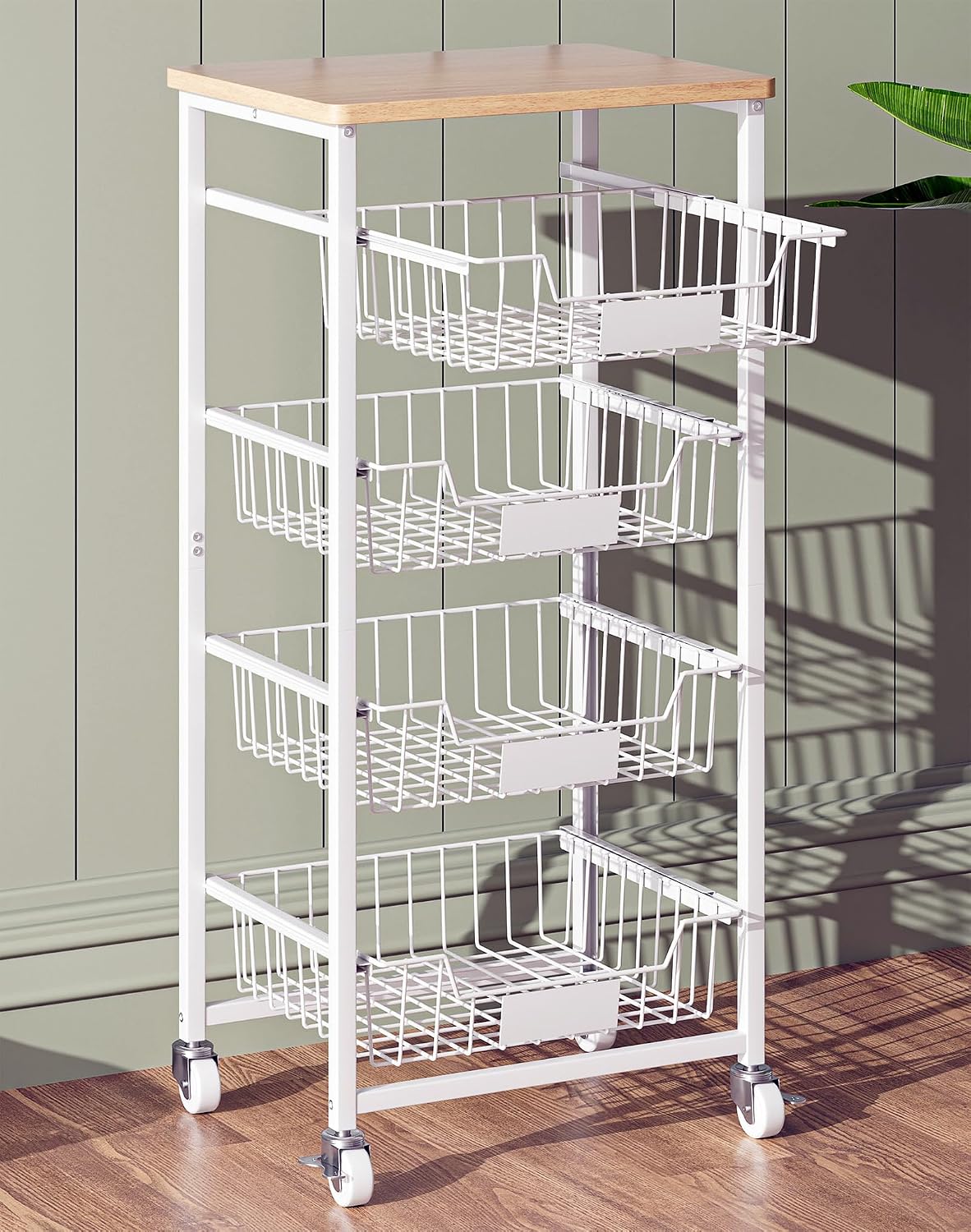 💚Fruit Basket, 5-Tier Utility Kitchen Organizer and Storage Cart with Pull-Out Baskets and Wood Top, Rolling Pantry Kitchen Cart on Wheels for Fruit Potato Onion Vegetable Snack Produce