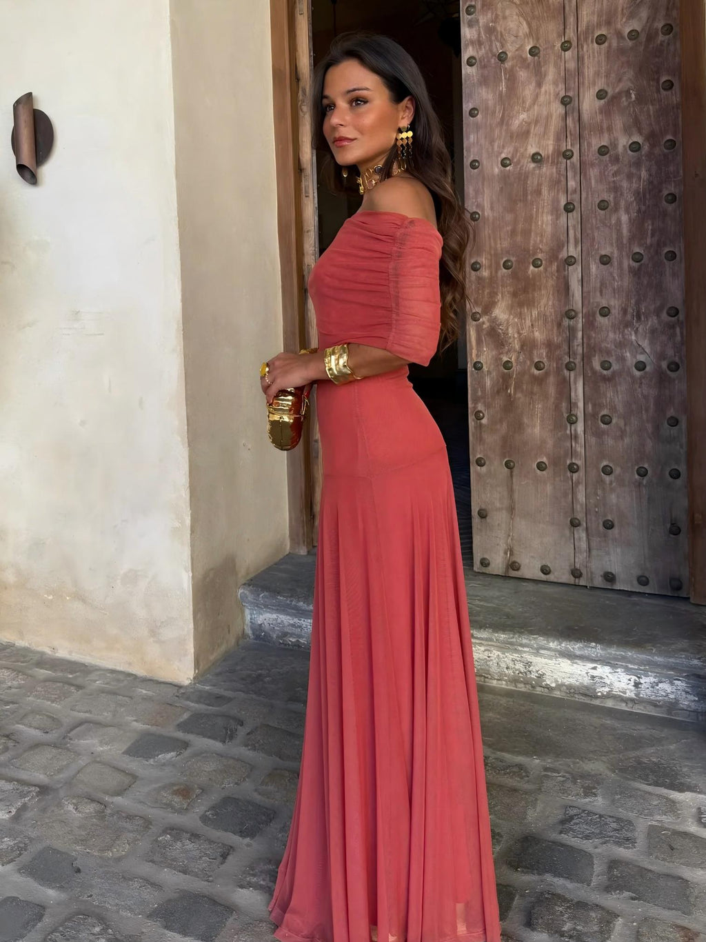 Women's One Shoulder Mesh Maxi Dress