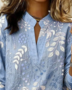 Embroidered Mandarin Collar Blouse – Artisanal Floral Long Sleeve Top