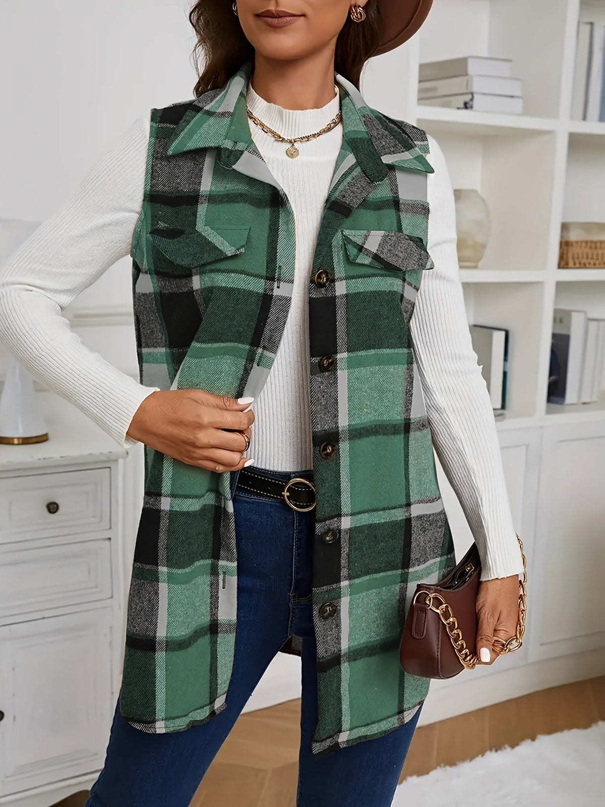 Classic Plaid Sleeveless Vest – Button-Front, Lapel Collar, Layering Essential