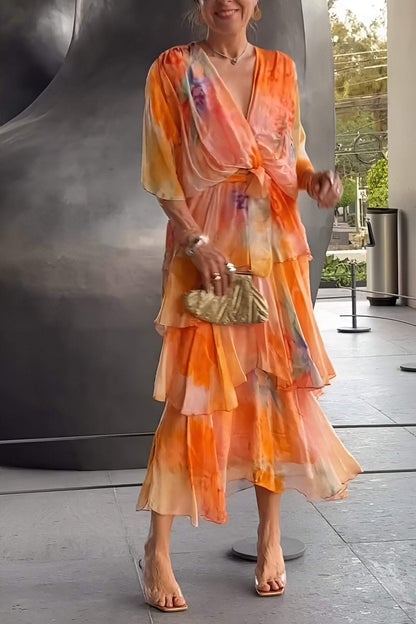 Women's Bohemian Maxi Dress – V-Neck Tiered Ruffles & Adjustable Waist Tie