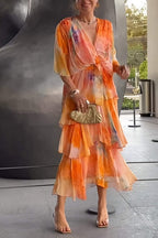 Women's Bohemian Maxi Dress – V-Neck Tiered Ruffles & Adjustable Waist Tie