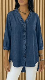 Women's Casual Denim Blouse – V-Neck Ruffled Collar & 3/4 Sleeves