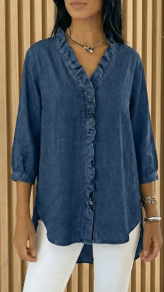 Women's Casual Denim Blouse – V-Neck Ruffled Collar & 3/4 Sleeves