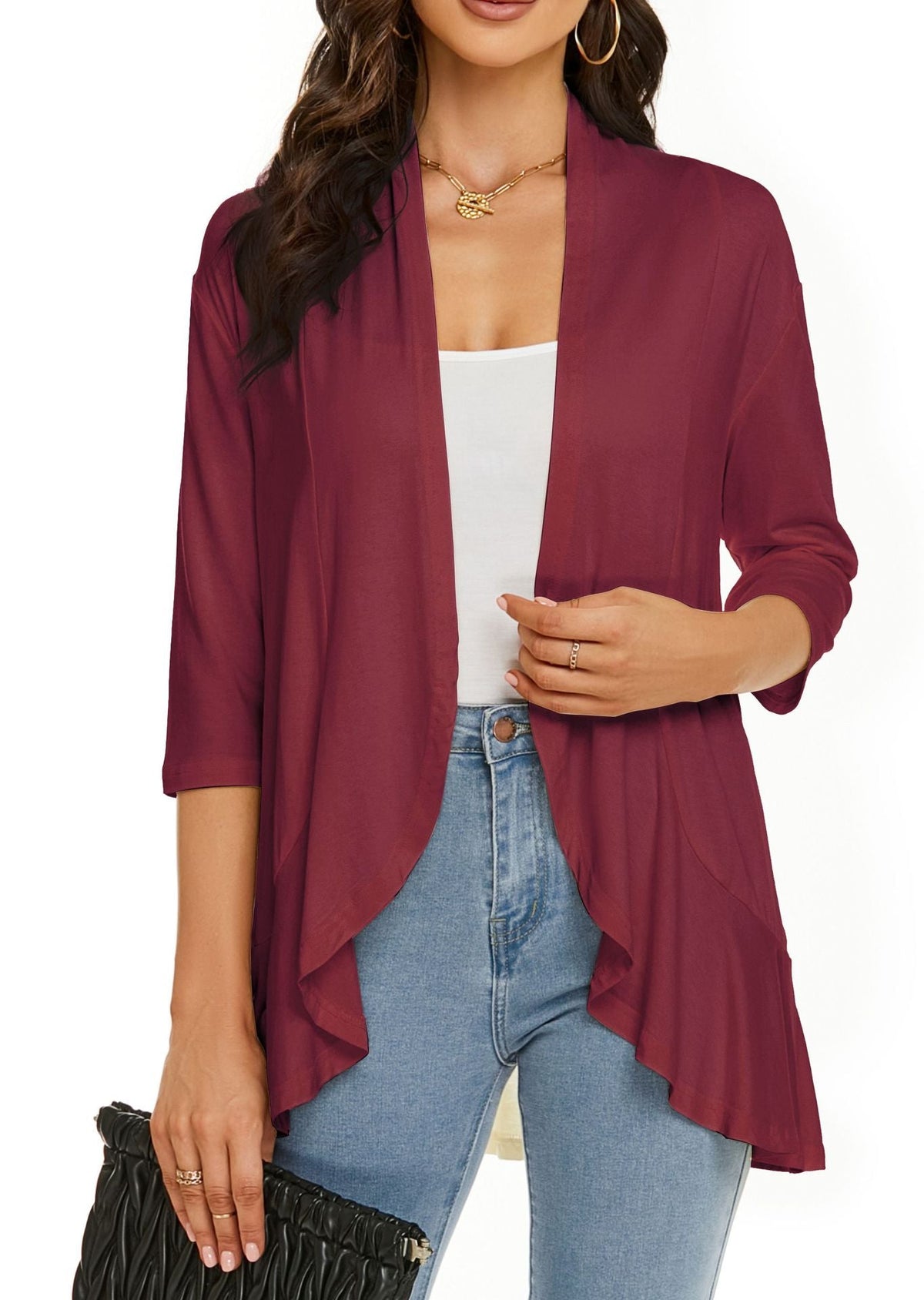 Lightweight Open Front Cardigan – Soft Rayon Blend, 3/4 Sleeve