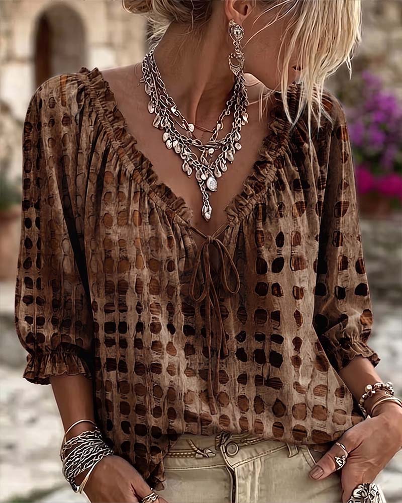 Polka Dot Tie-Front Blouse – V-Neck, 3/4 Sleeve, Relaxed Fit