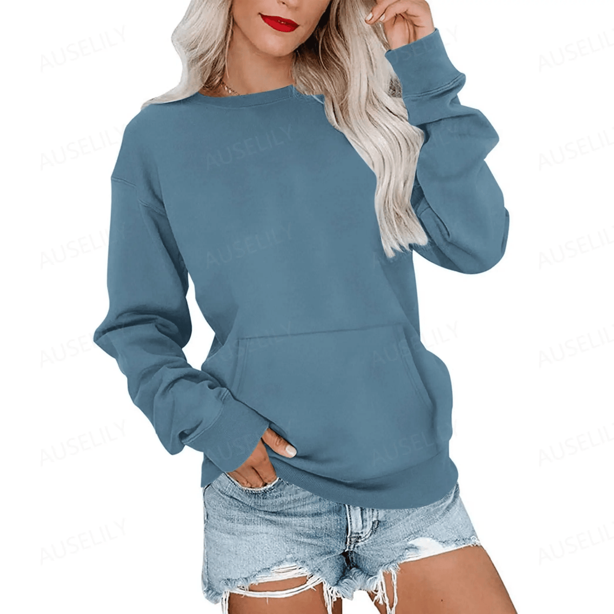 Hoodless Crewneck Sweatshirt – Kangaroo Pocket, Relaxed Fit, Lightweight Fleece