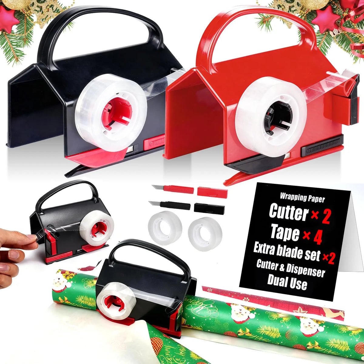VEEVEO Dual-Use Wrapping Cutter & Tape Dispenser Kit, 4 Tapes, 2 Blades
