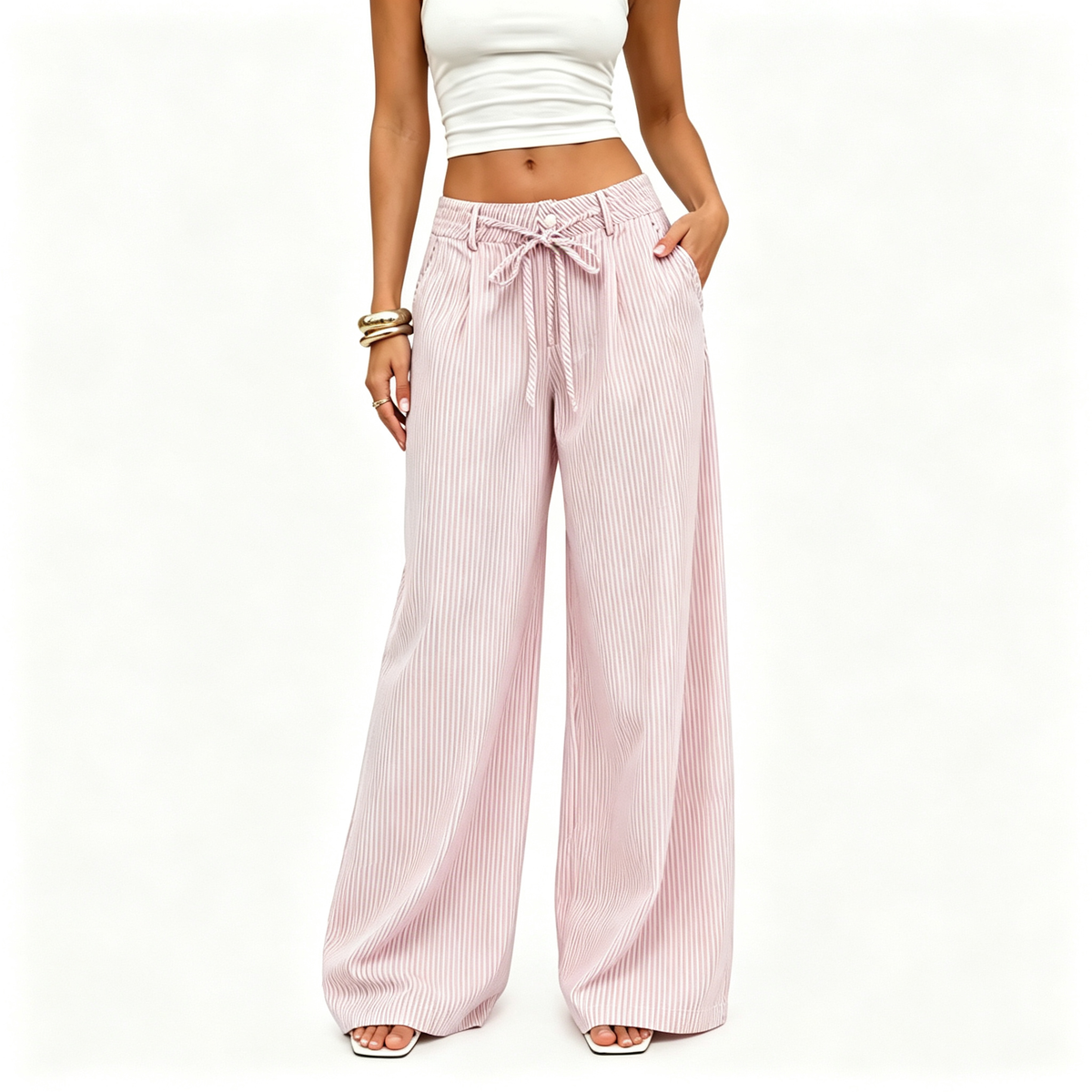 💚 Women's  Striped With Pockets Black Baggy Low Rise Wide Leg Pants