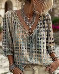 Polka Dot Tie-Front Blouse – V-Neck, 3/4 Sleeve, Relaxed Fit
