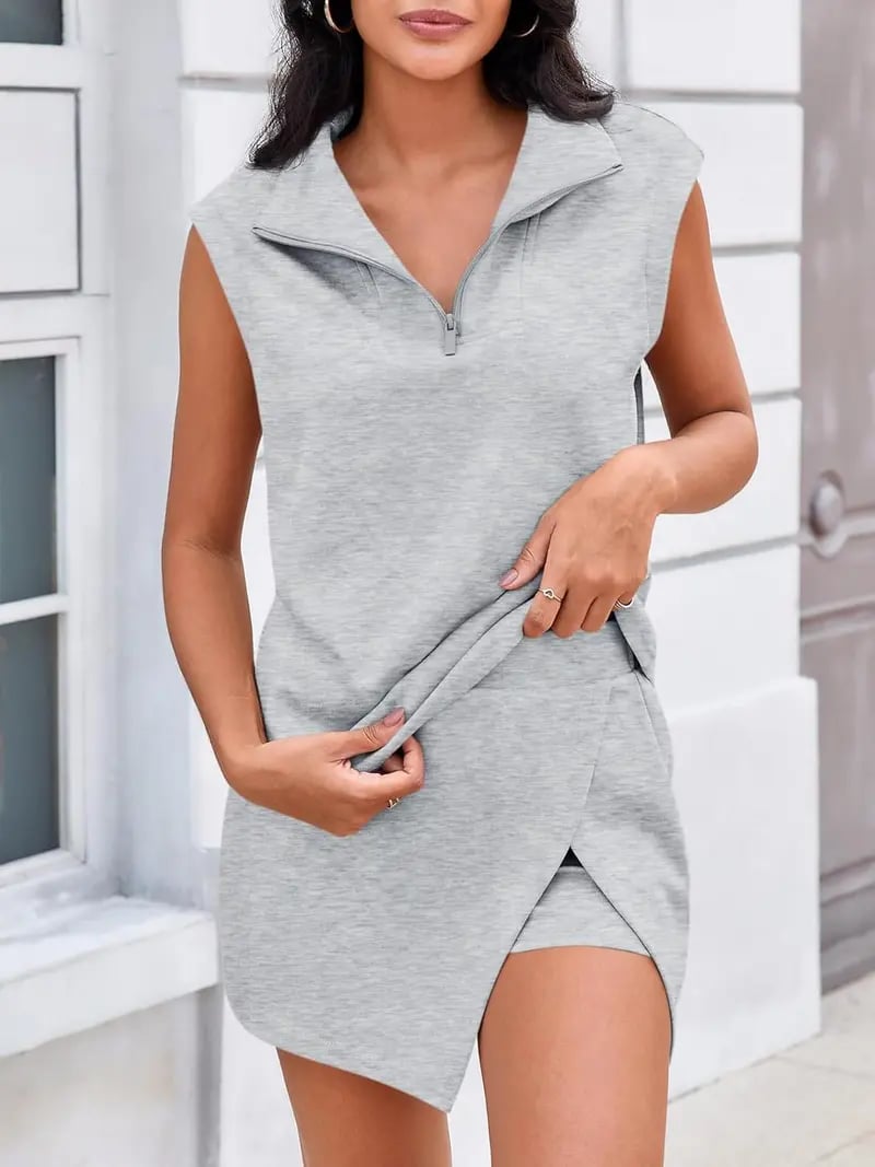 2 Piece Active Skirt Set – Sleeveless Half Zip Top & Athletic Skort