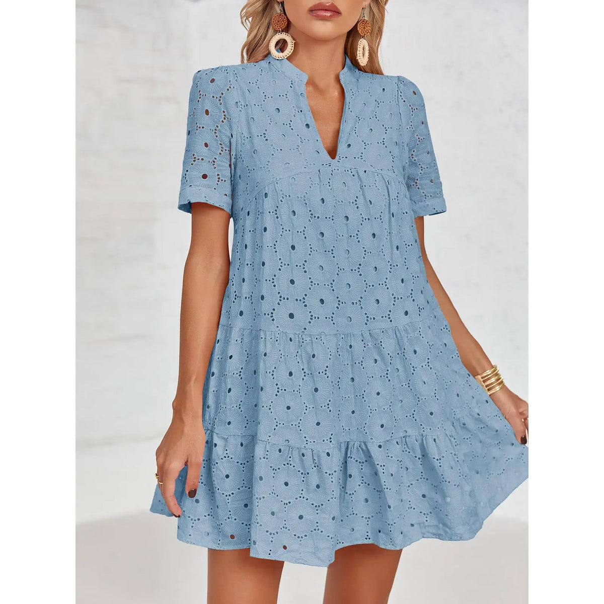 Eyelet Lace flowing dress – V-Neck, Short Sleeve, Relaxed Fit